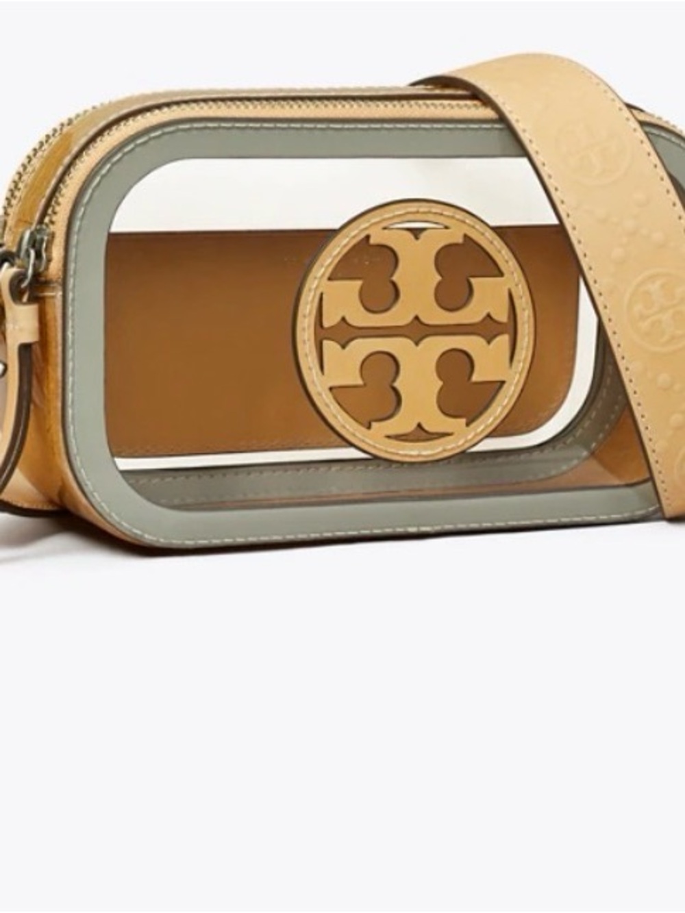 Tory Burch Tan and Light Blue Clear Logo Crossbody